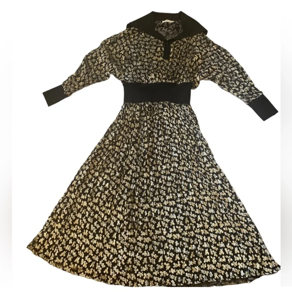 VOGUE MAGAZINE Tory Burch velvet devore midi dress black 12 gold leaves